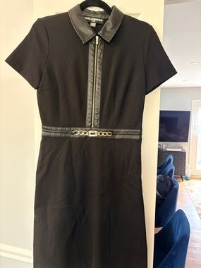 Karl Lagerfeld Black Midi Dress with Faux-Leather Trim and Gold Chain